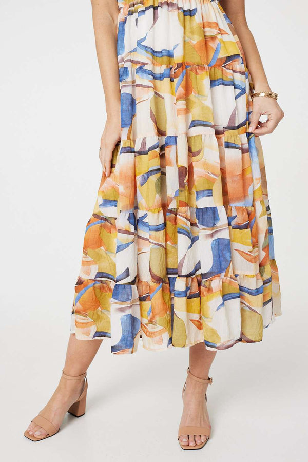 Blue | Printed Puff Sleeve Midi Dress