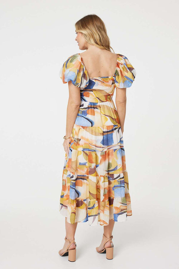 Blue | Printed Puff Sleeve Midi Dress