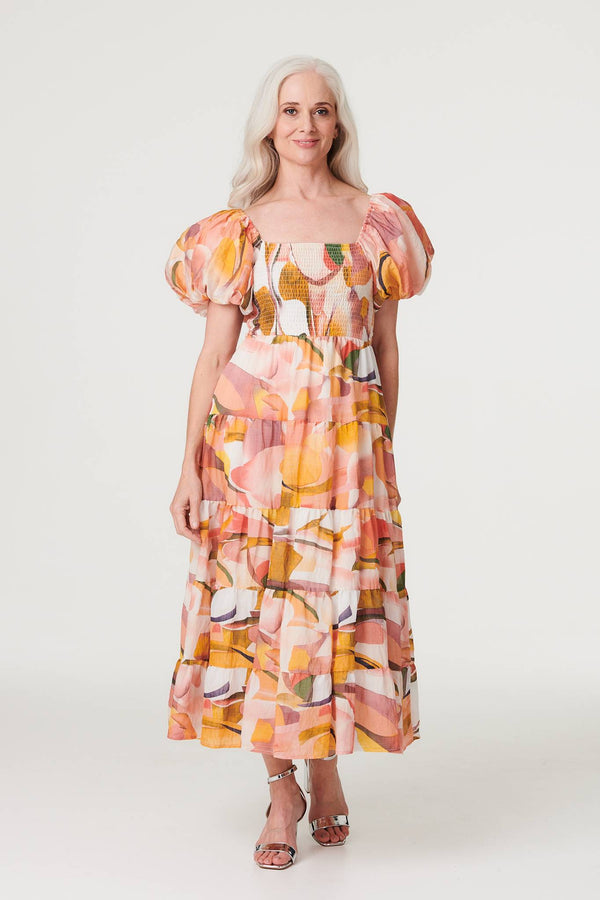 Coral | Printed Puff Sleeve Midi Dress : Model is 5'8.5"/174 cm and wears UK8/EU36/US4/AUS8