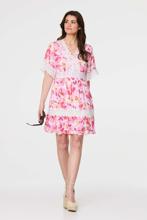 White | Floral Lace 1/2 Sleeve Short Dress