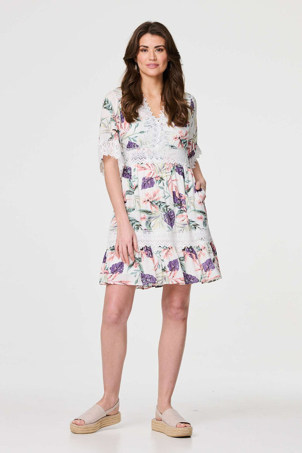 White | Leaf Print Lace Trim Short Dress