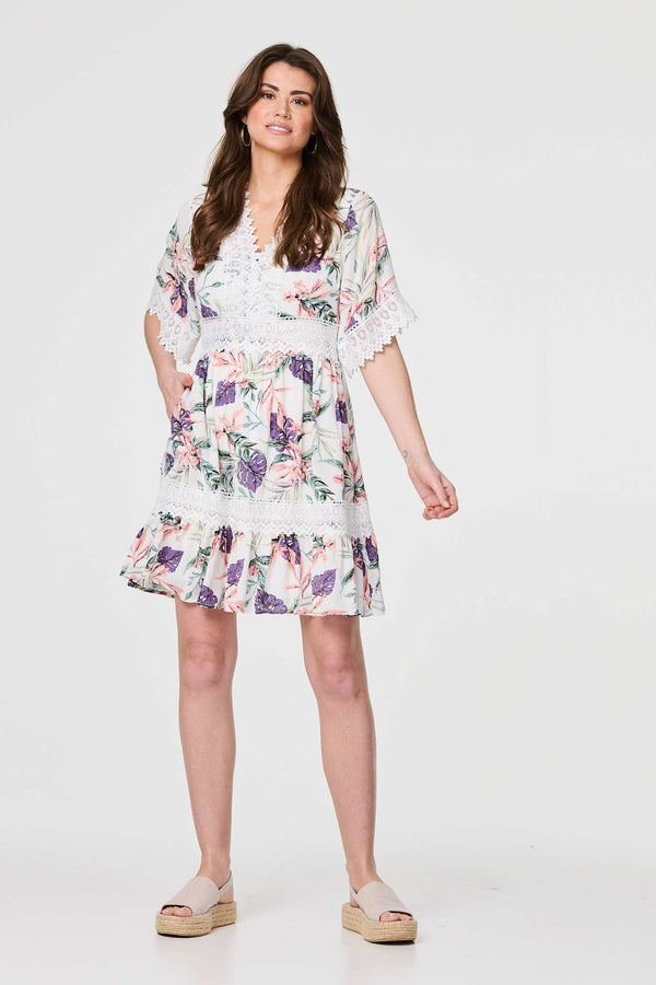 White | Leaf Print Lace Trim Short Dress