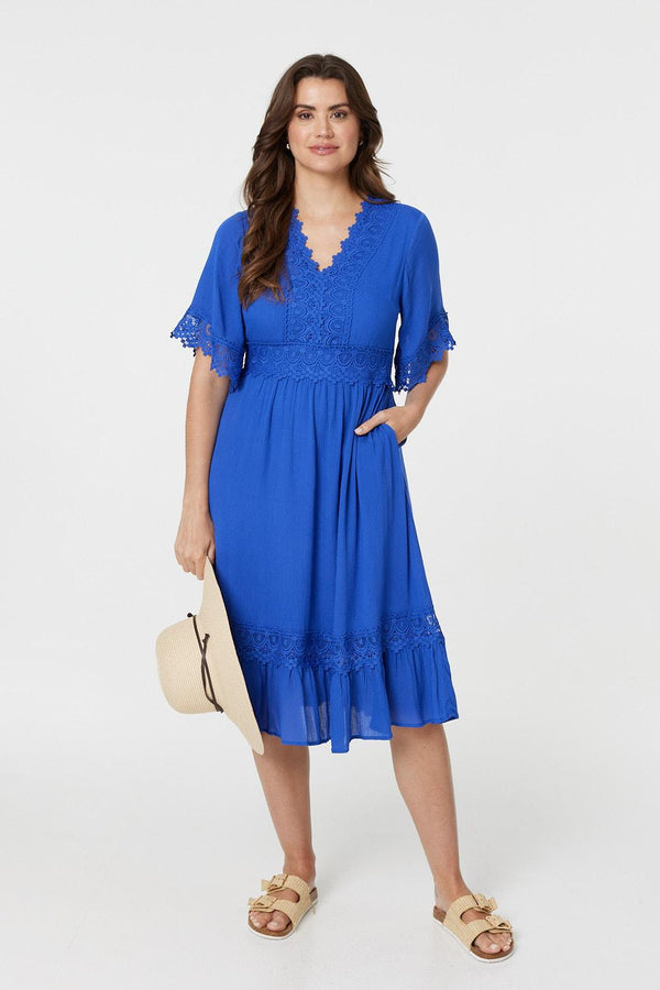 Blue | Lace Trim 3/4 Sleeve Midi Dress