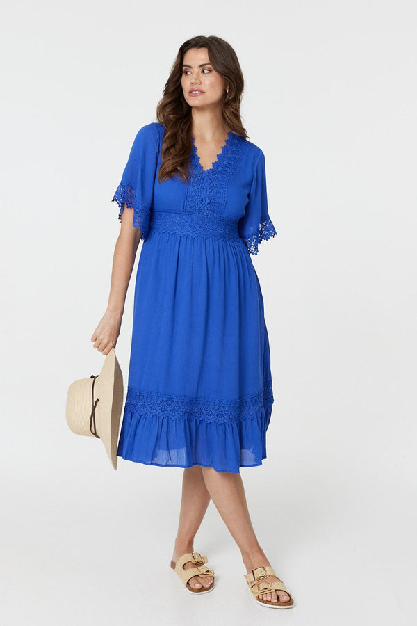 Blue | Lace Trim 3/4 Sleeve Midi Dress