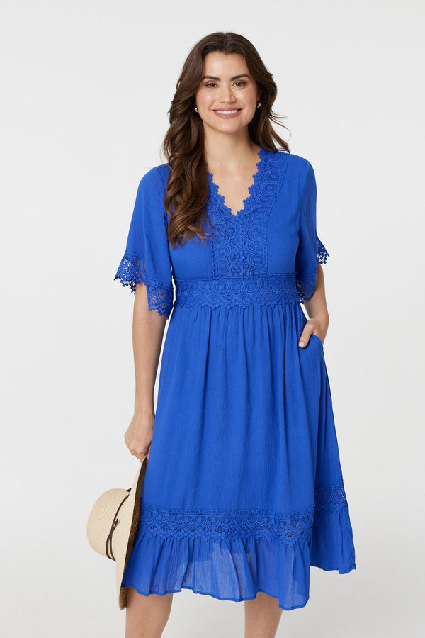 Blue | Lace Trim 3/4 Sleeve Midi Dress