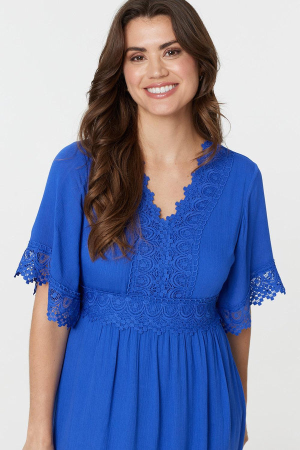 Blue | Lace Trim 3/4 Sleeve Midi Dress