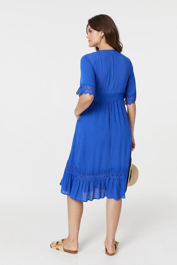 Blue | Lace Trim 3/4 Sleeve Midi Dress