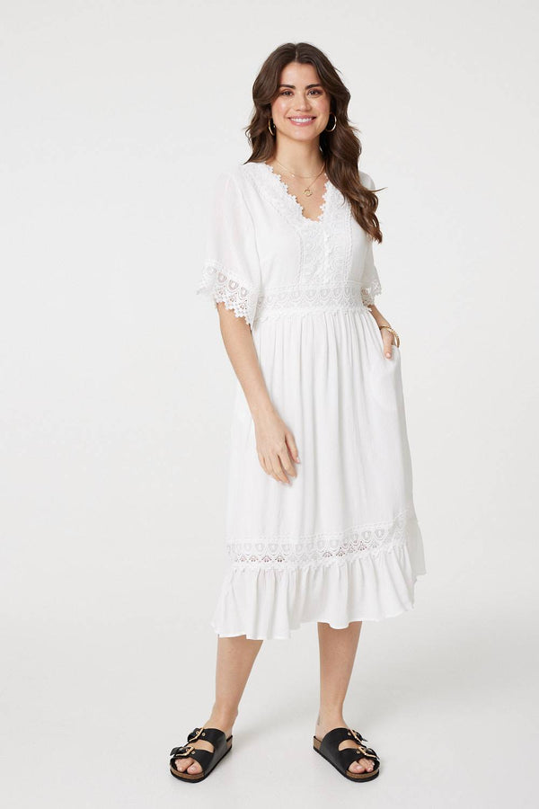 White | Lace Trim 3/4 Sleeve Midi Dress