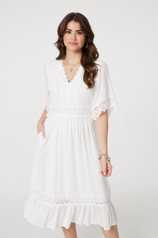 White | Lace Trim 3/4 Sleeve Midi Dress