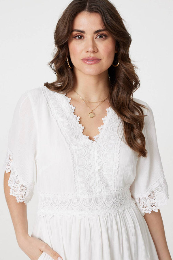 White | Lace Trim 3/4 Sleeve Midi Dress