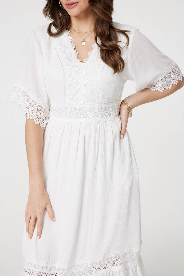 White | Lace Trim 3/4 Sleeve Midi Dress