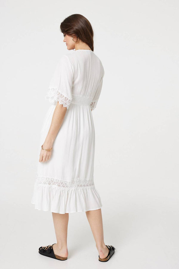 White | Lace Trim 3/4 Sleeve Midi Dress