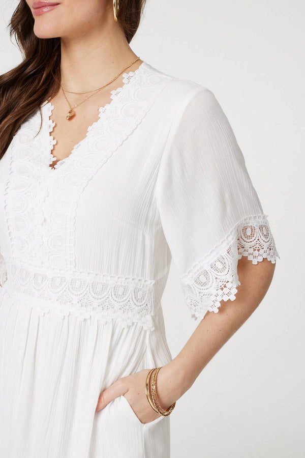 White | Lace Trim 3/4 Sleeve Midi Dress