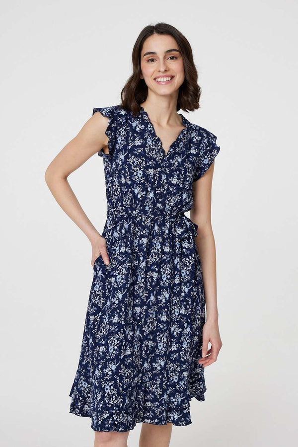 Navy | Ditsy Floral Tie-Waist Knee Length Dress