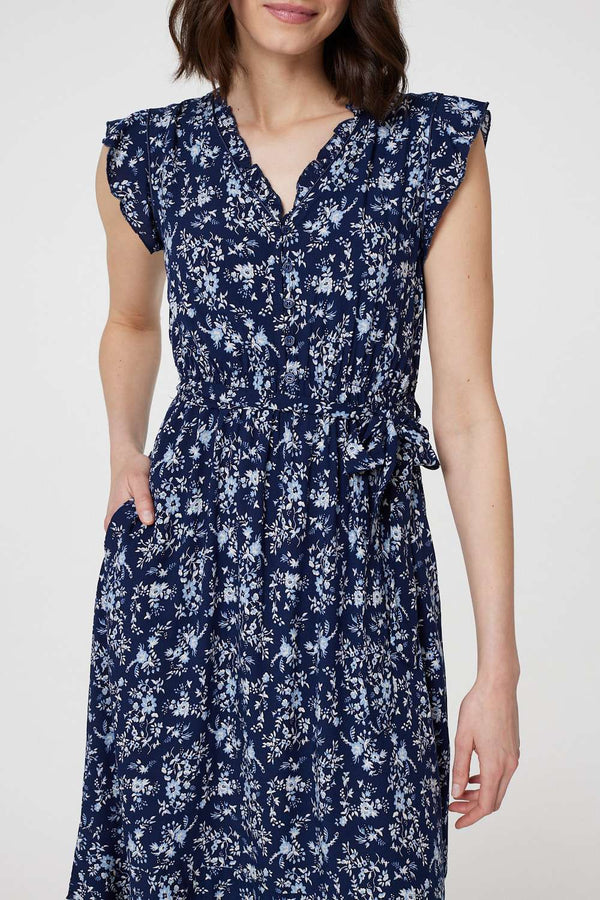 Navy | Ditsy Floral Tie-Waist Knee Length Dress