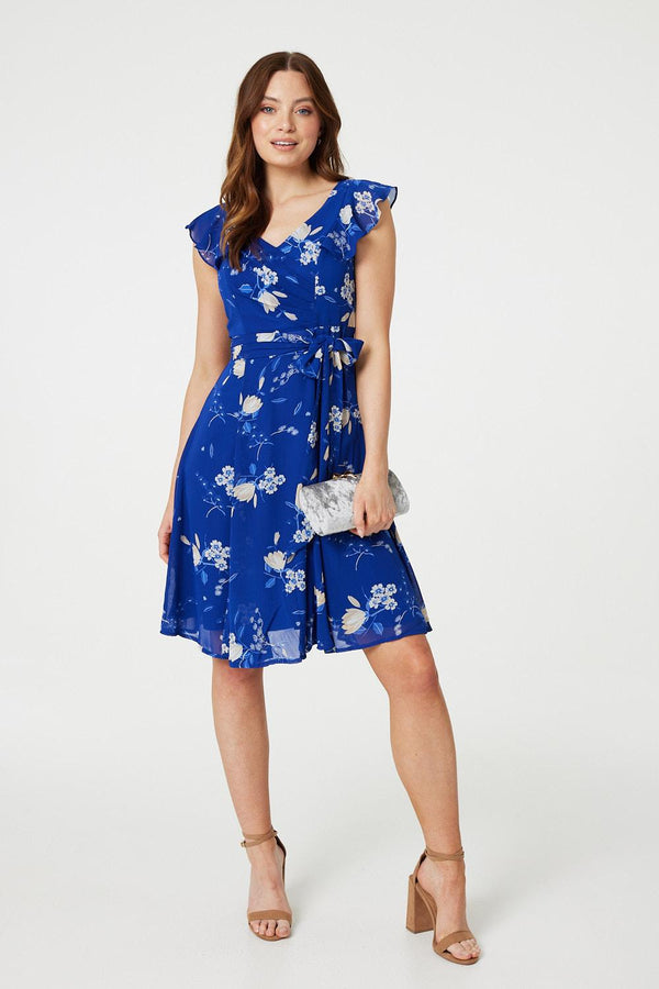 Blue | Floral Frilled Knee Length Wrap Dress