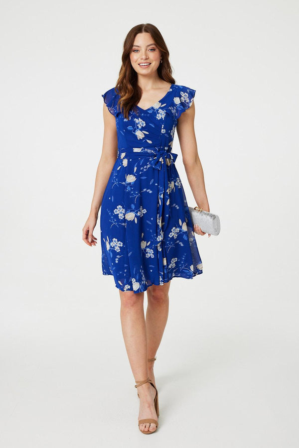 Blue | Floral Frilled Knee Length Wrap Dress