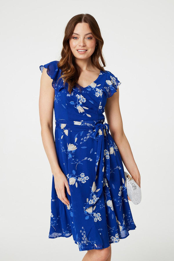 Blue | Floral Frilled Knee Length Wrap Dress