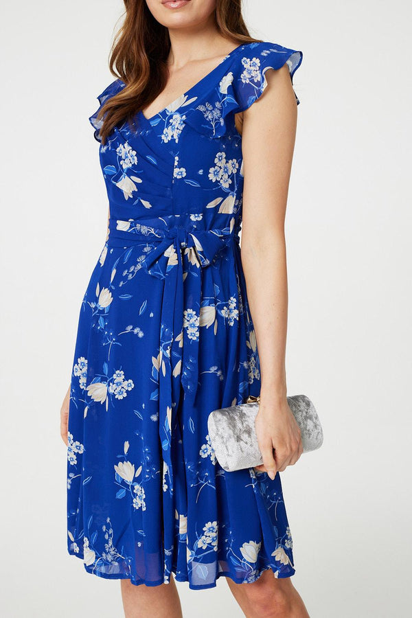 Blue | Floral Frilled Knee Length Wrap Dress