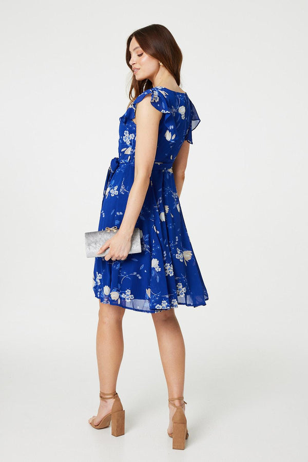 Blue | Floral Frilled Knee Length Wrap Dress