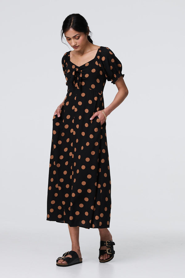 Black | Polka Dot Puff Sleeve Midi Dress