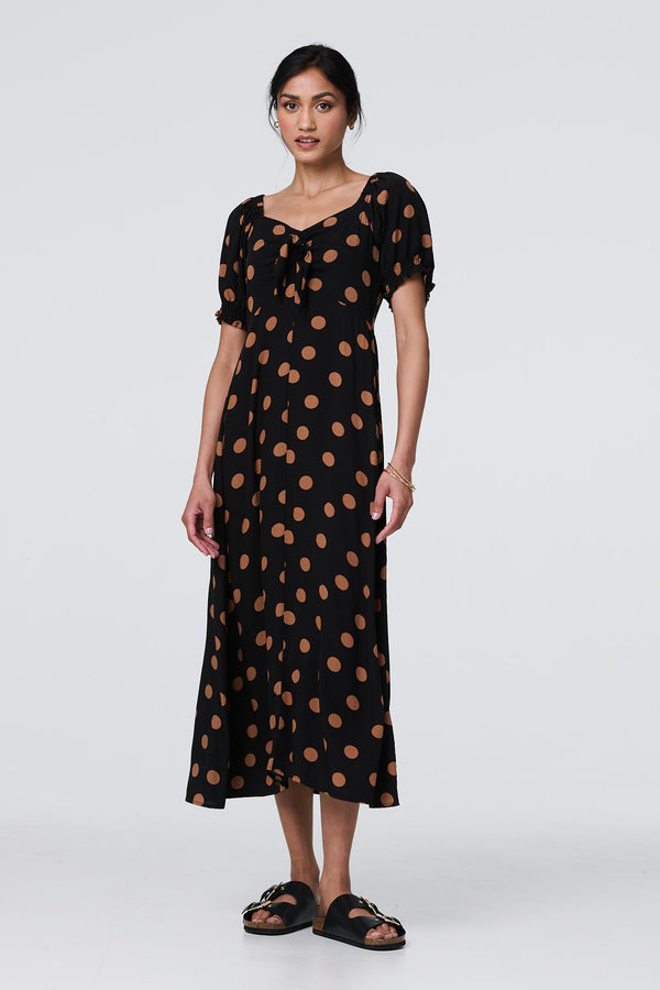 Black | Polka Dot Puff Sleeve Midi Dress