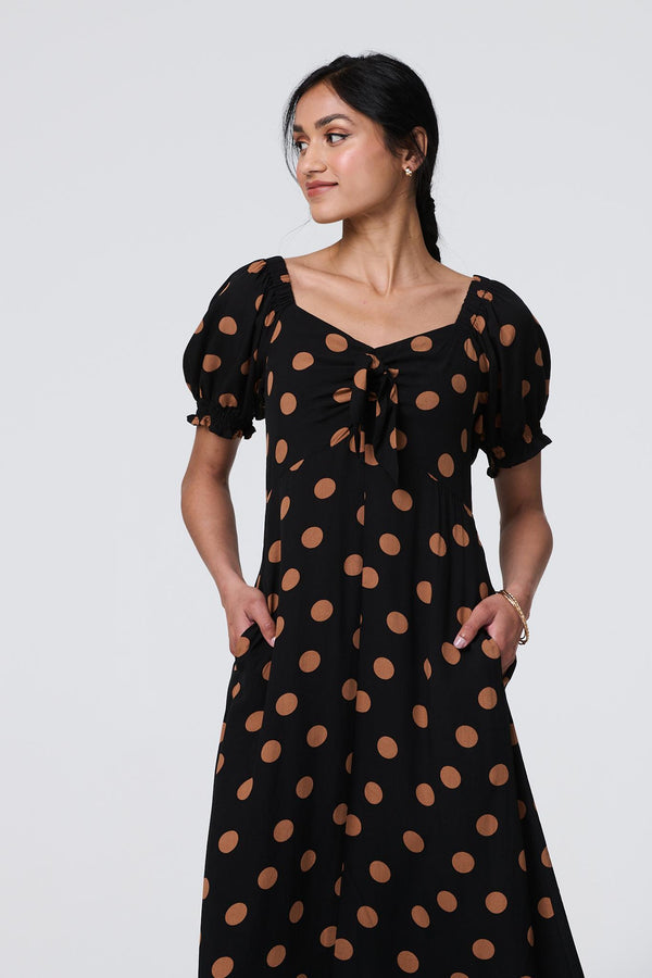 Black | Polka Dot Puff Sleeve Midi Dress