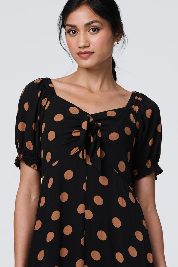 Black | Polka Dot Puff Sleeve Midi Dress