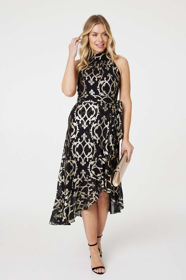 Black | Printed High Low Halter-Neck Midi Dress