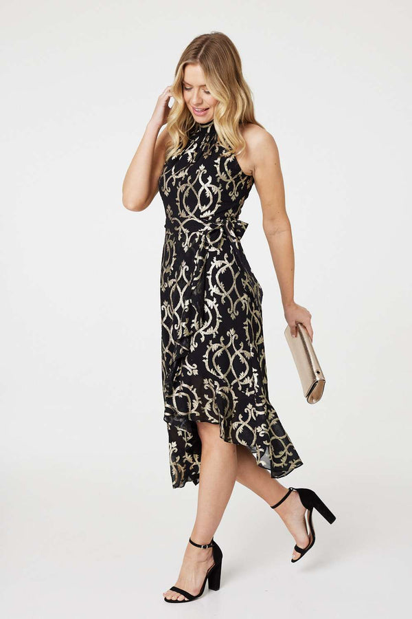 Black | Printed High Low Halter-Neck Midi Dress