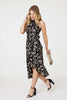 Black | Printed High Low Halter-Neck Midi Dress