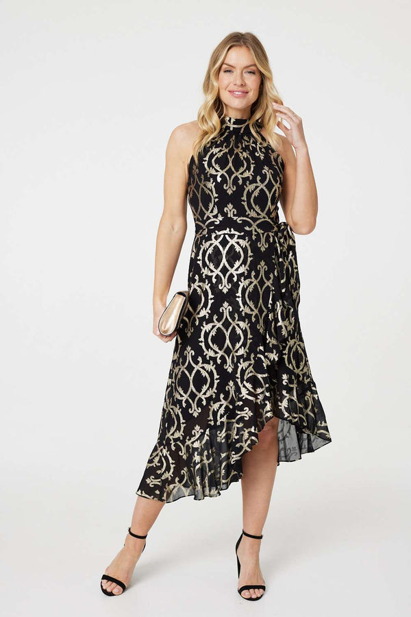 Black | Printed High Low Halter-Neck Midi Dress