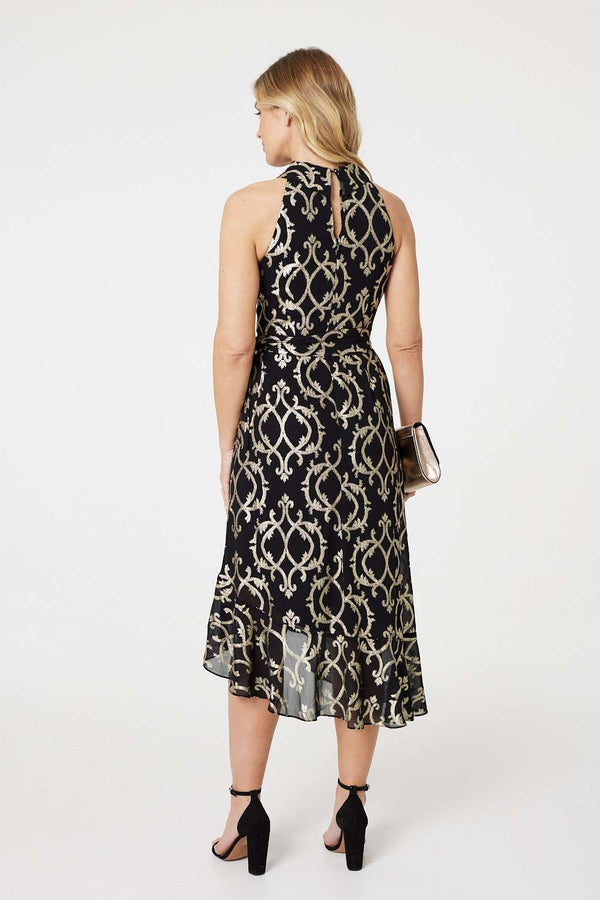 Black | Printed High Low Halter-Neck Midi Dress