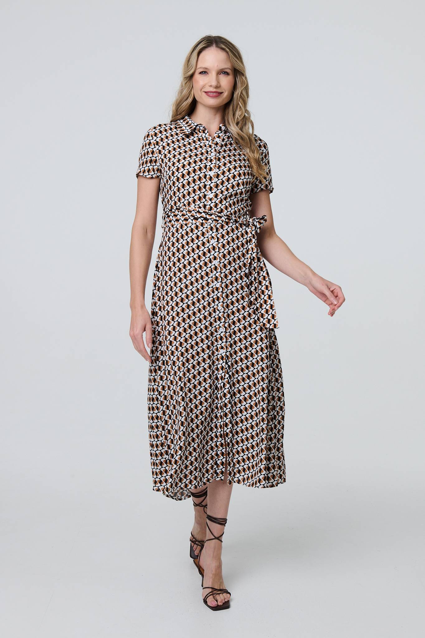 Geo Print Short Sleeve Tie Waist Midi Dress Izabel London