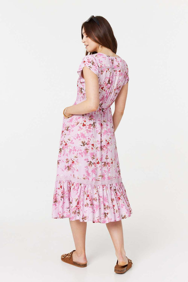 Pink | Floral Print Cap Sleeve Midi Dress