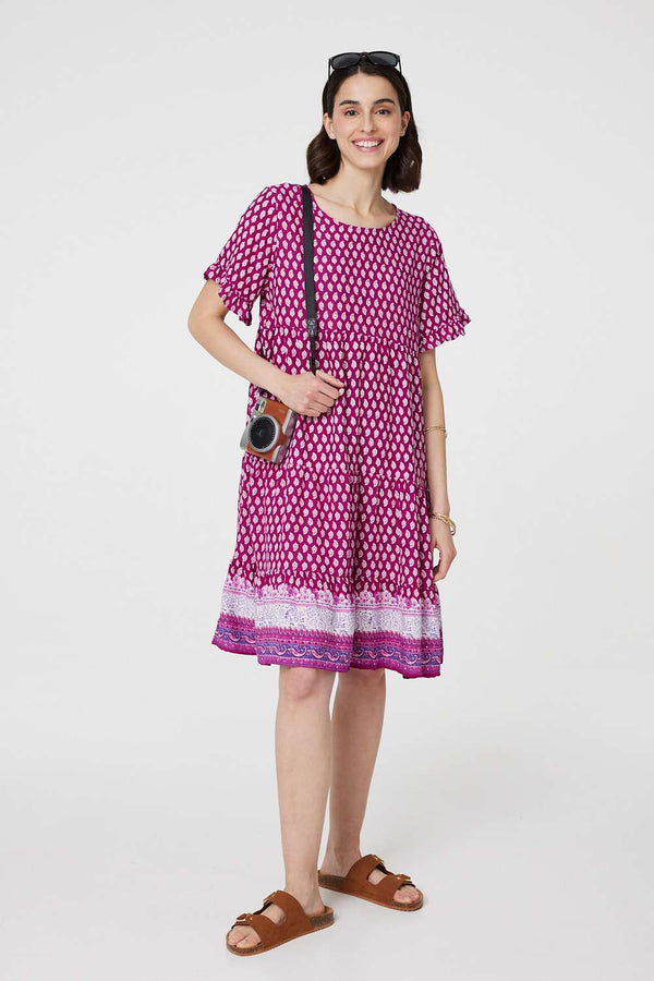 Pink | Printed Short Sleeve Tiered Smock Dress