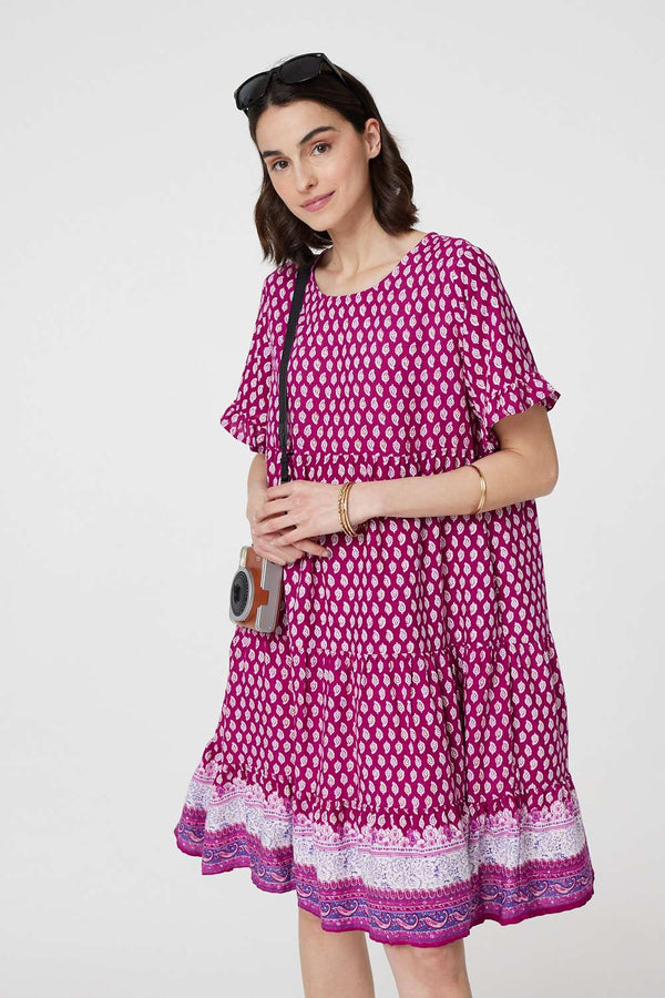 Pink | Printed Short Sleeve Tiered Smock Dress