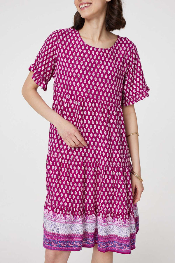 Pink | Printed Short Sleeve Tiered Smock Dress