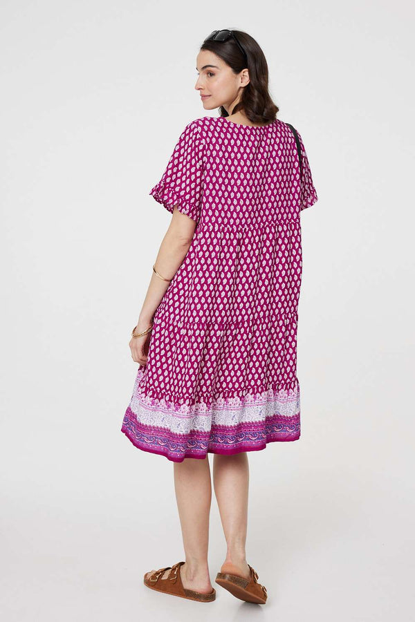 Pink | Printed Short Sleeve Tiered Smock Dress