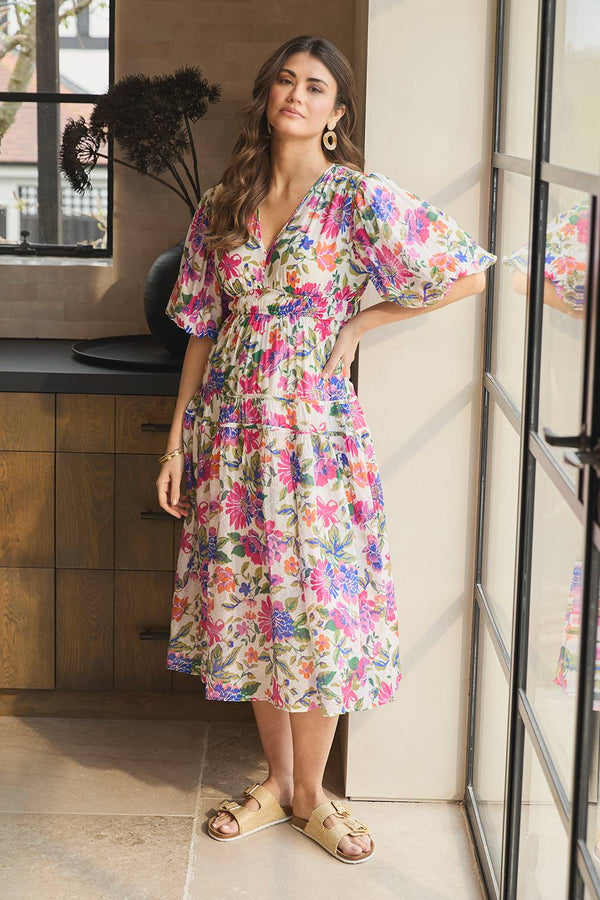 Pink | Floral 1/2 Puff Sleeve Midi Dress: Model is 5'9"/175 cm and wears UK10/EU38/US6/AUS10