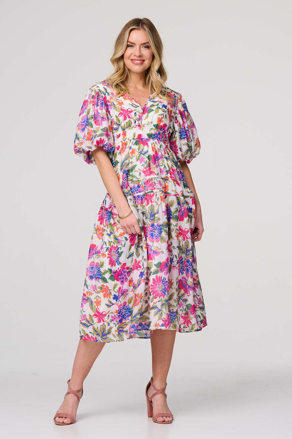 Pink | Floral 1/2 Puff Sleeve Midi Dress : Model is 5'10"/178 cm and wears UK8/EU36/US4/AUS8