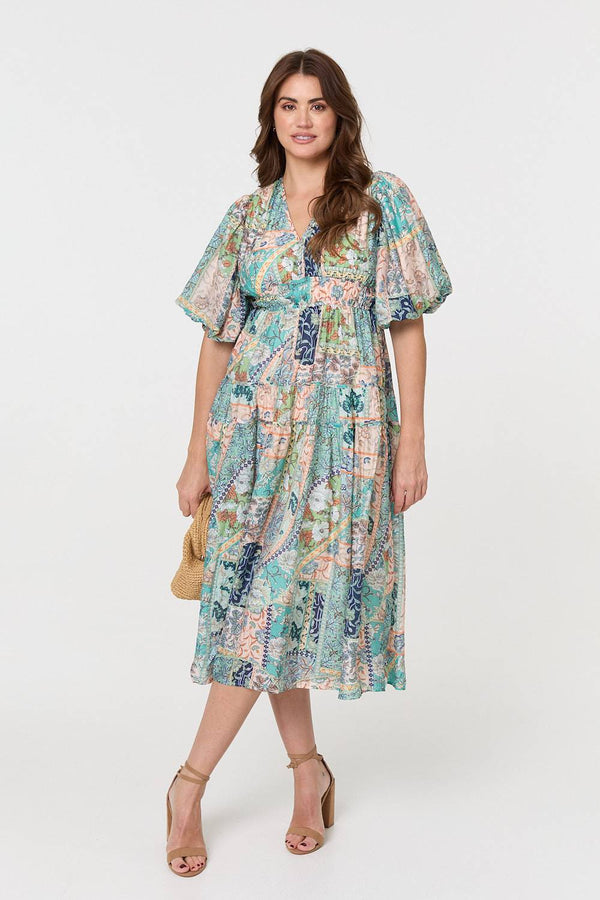 Green | Patchwork Print 1/2 Puff Sleeve Midi Dress
