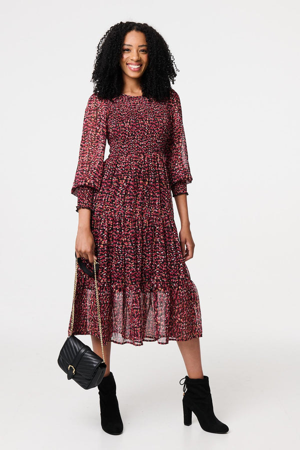 Rust | Ditsy Floral Tier Puff Sleeve Midi Dress
