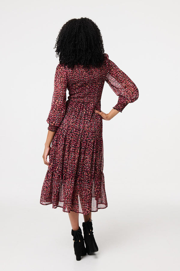 Rust | Ditsy Floral Tier Puff Sleeve Midi Dress
