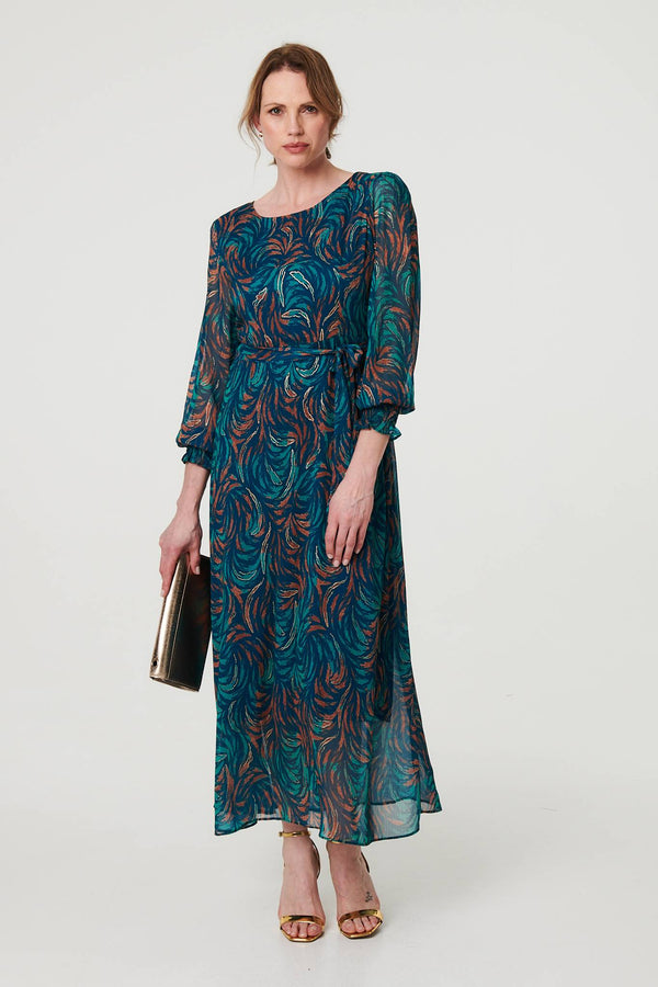 Teal | Abstract Long Sheer Sleeve Maxi Dress : Model is 5'9"/175 cm and wears UK10/EU38/US6/AUS10