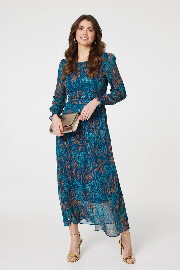 Teal | Abstract Long Sheer Sleeve Maxi Dress