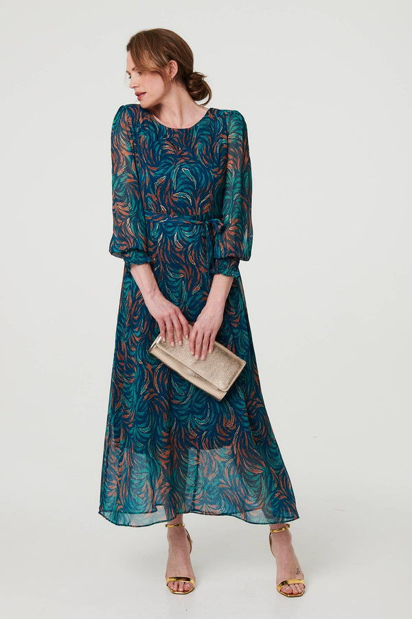 Teal | Abstract Long Sheer Sleeve Maxi Dress