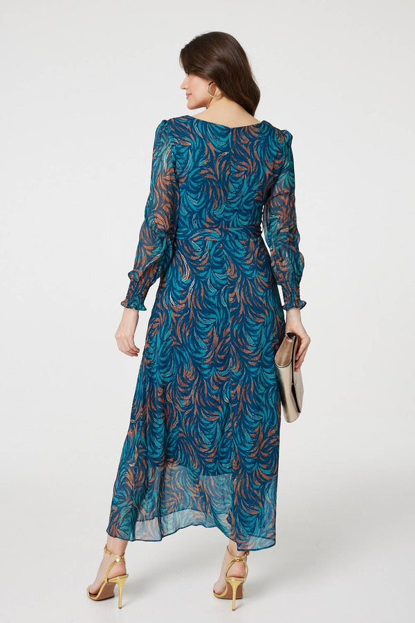 Teal | Abstract Long Sheer Sleeve Maxi Dress