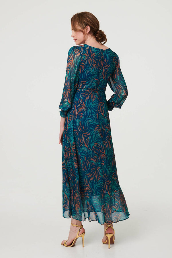 Teal | Abstract Long Sheer Sleeve Maxi Dress