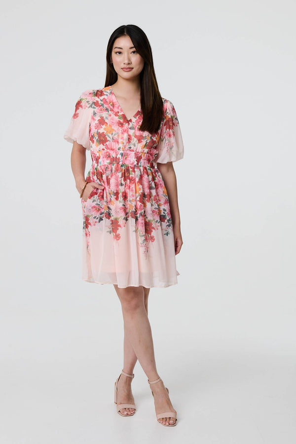 Pink | Floral Print Angel Sleeve Mini Dress
